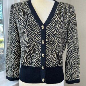 St. John Collection Marie Gray Knit Cardigan Top 6 Zebra Print Luxury Old Money